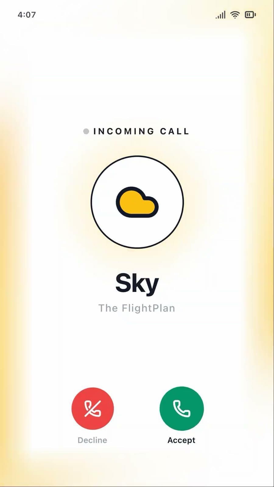Phone screen showing an incoming call from Sky, the FlightPlan AI assistant