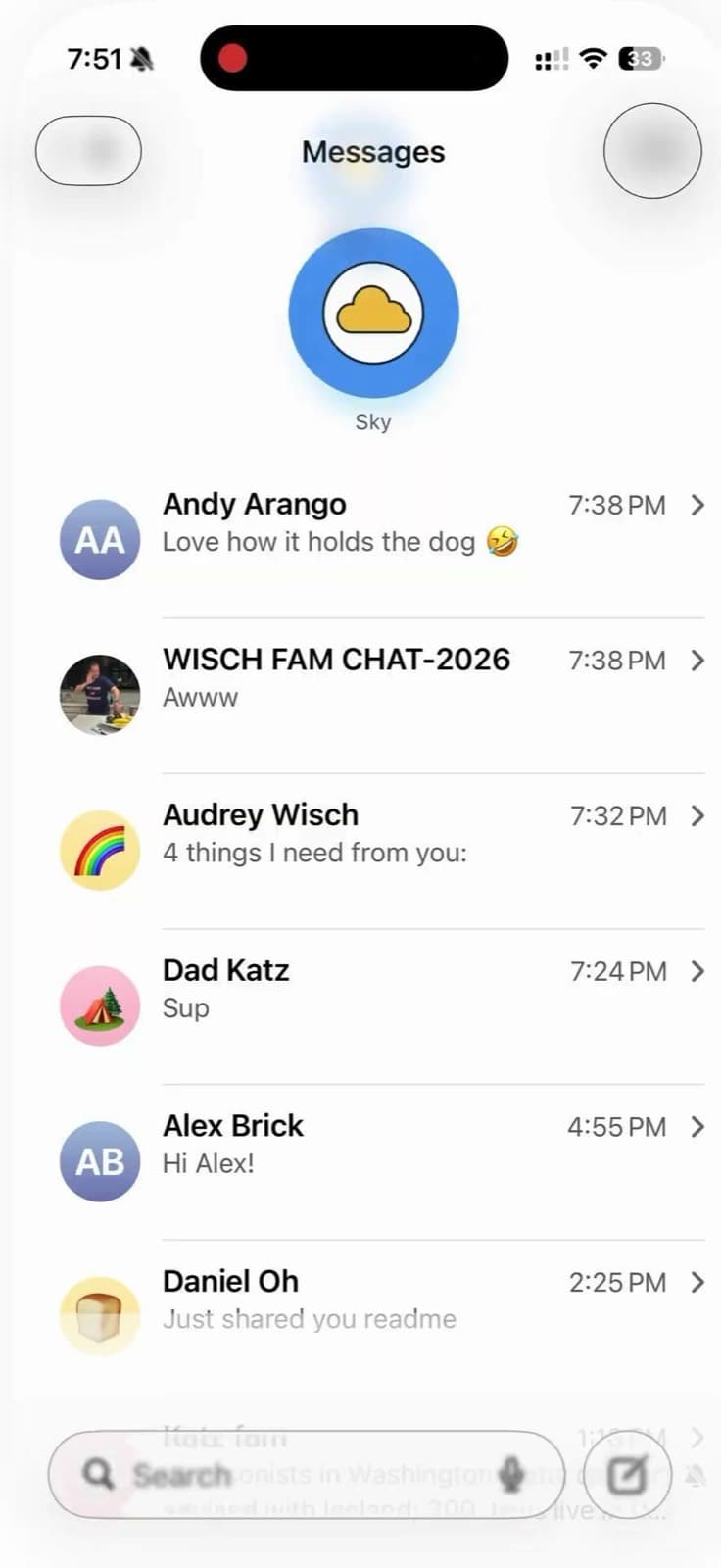 iPhone Messages screen showing Sky as a text-message contact alongside other conversations