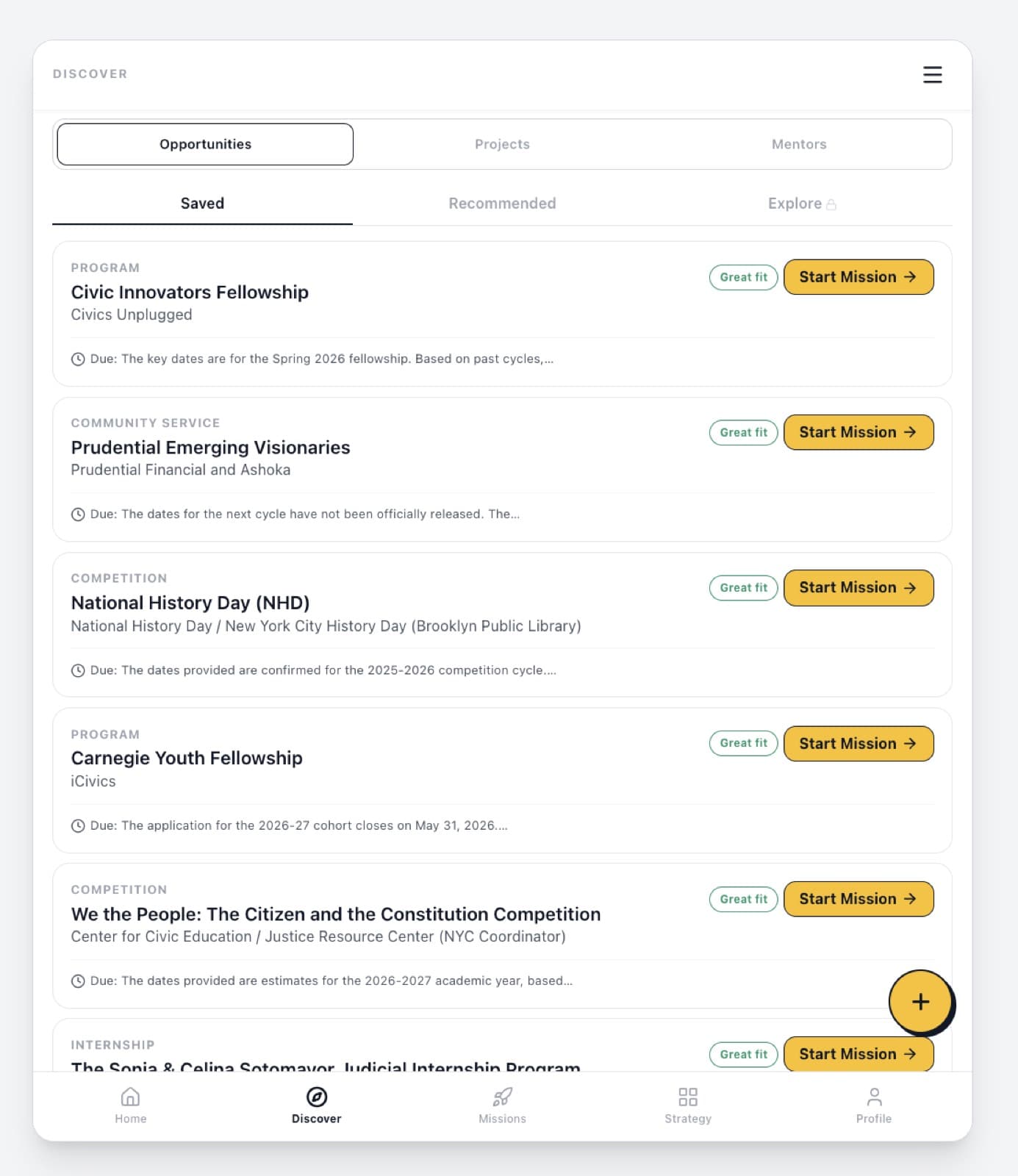 FlightPlan Discover screen with personalized programs, community service opportunities, and competitions ranked as good fits