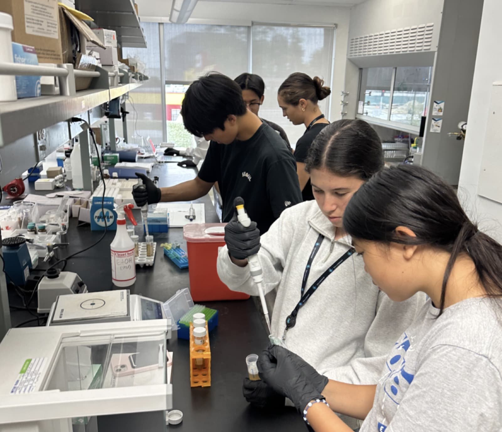 Students conducting hands-on scientific work together in a laboratory