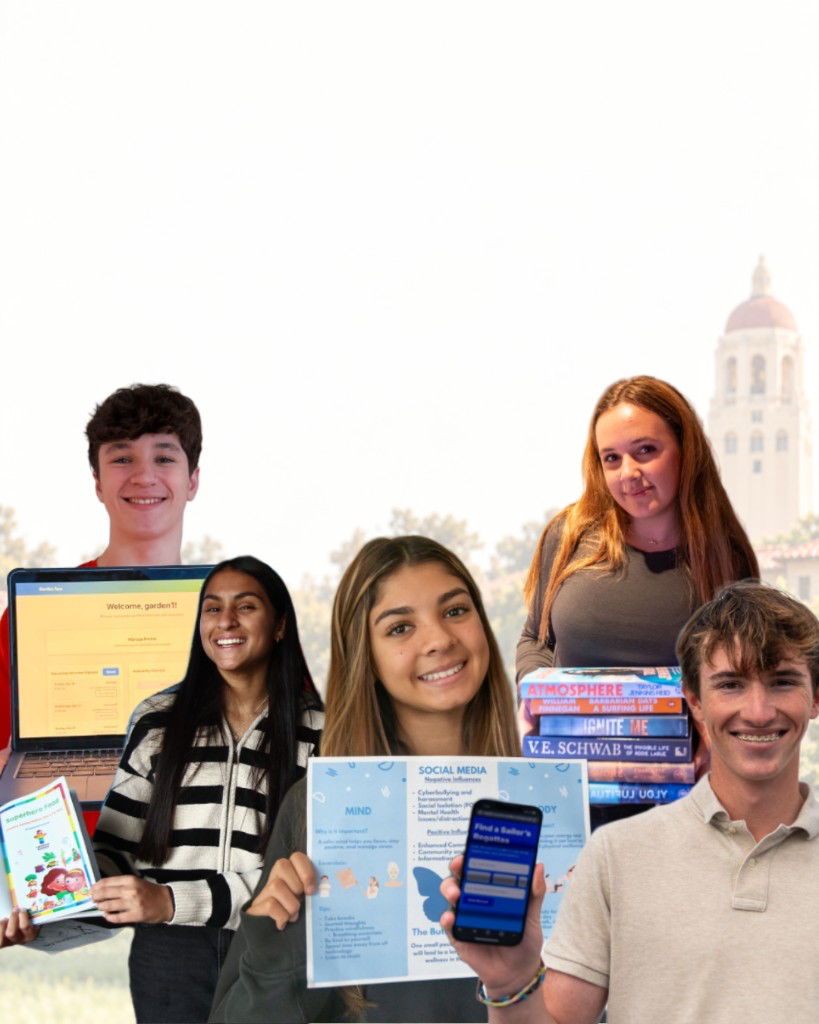 Students showing their projects, including websites, an app, a presentation, and books.